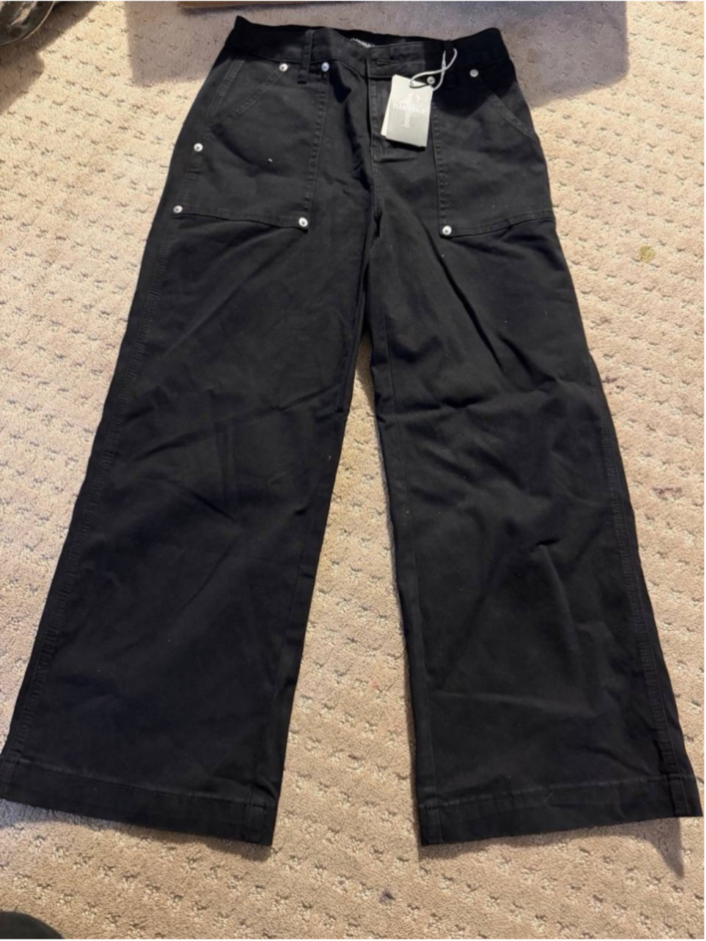 Flamingals Solid Stitch Detail Mid Rise Black Cargo Pants S